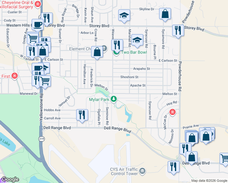 map of restaurants, bars, coffee shops, grocery stores, and more near 701 Melton Street in Cheyenne