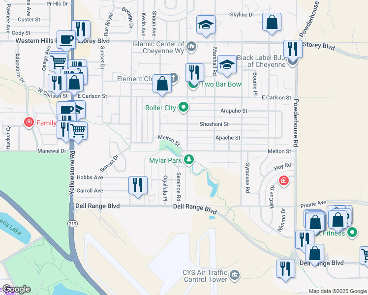 map of restaurants, bars, coffee shops, grocery stores, and more near 701 Melton Street in Cheyenne
