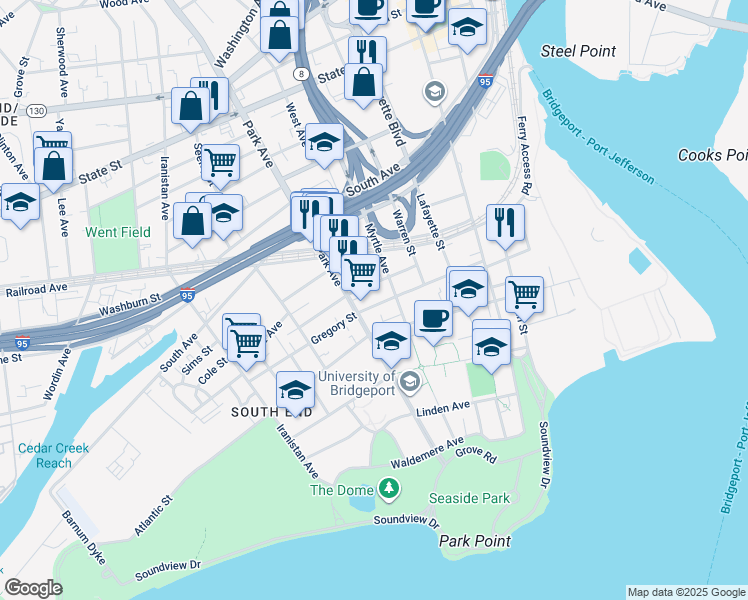 map of restaurants, bars, coffee shops, grocery stores, and more near in Bridgeport