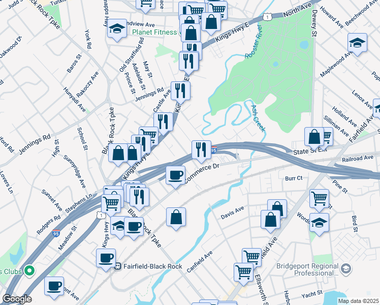 map of restaurants, bars, coffee shops, grocery stores, and more near 35 Brentwood Avenue in Fairfield