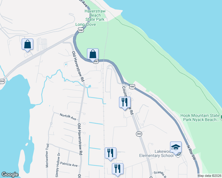 map of restaurants, bars, coffee shops, grocery stores, and more near 60 Leif Boulevard in Congers