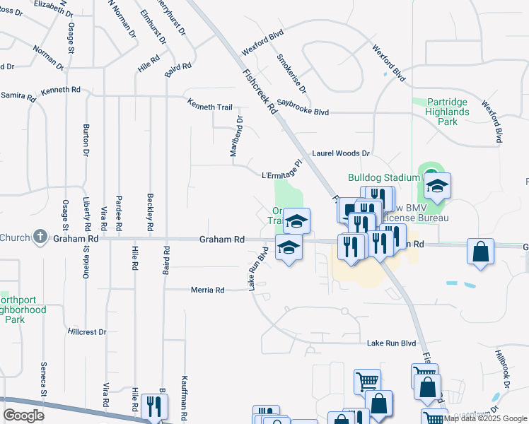 map of restaurants, bars, coffee shops, grocery stores, and more near 2871 Graham Road in Stow