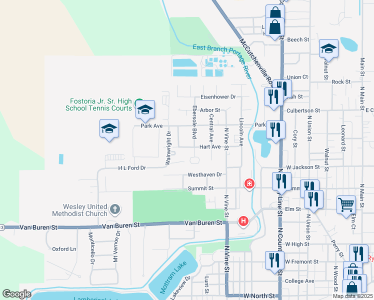 map of restaurants, bars, coffee shops, grocery stores, and more near 804 Oak Park Drive in Fostoria