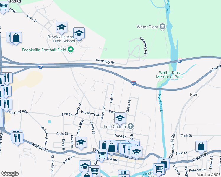 map of restaurants, bars, coffee shops, grocery stores, and more near 60 Oak Street in Brookville