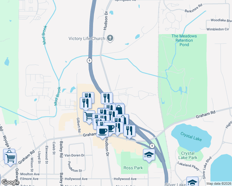 map of restaurants, bars, coffee shops, grocery stores, and more near 911 Heron Springs Parkway in Stow