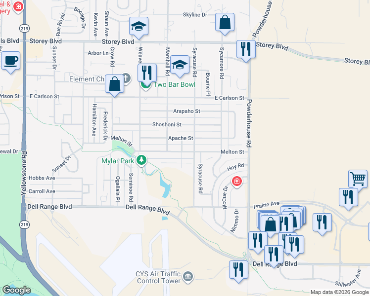 map of restaurants, bars, coffee shops, grocery stores, and more near 5303 Wahoo Place in Cheyenne