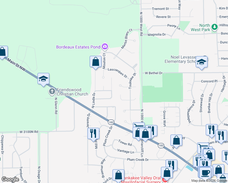 map of restaurants, bars, coffee shops, grocery stores, and more near 1176 Cotes De Bourge Street in Bourbonnais