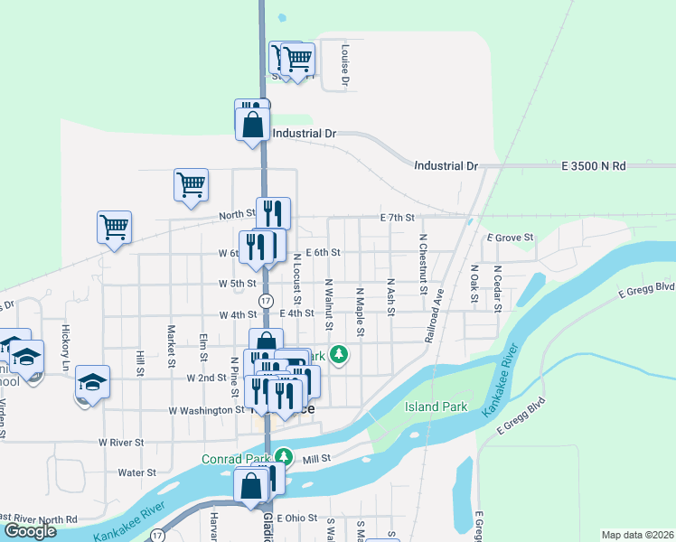 map of restaurants, bars, coffee shops, grocery stores, and more near 226 East 5th Street in Momence