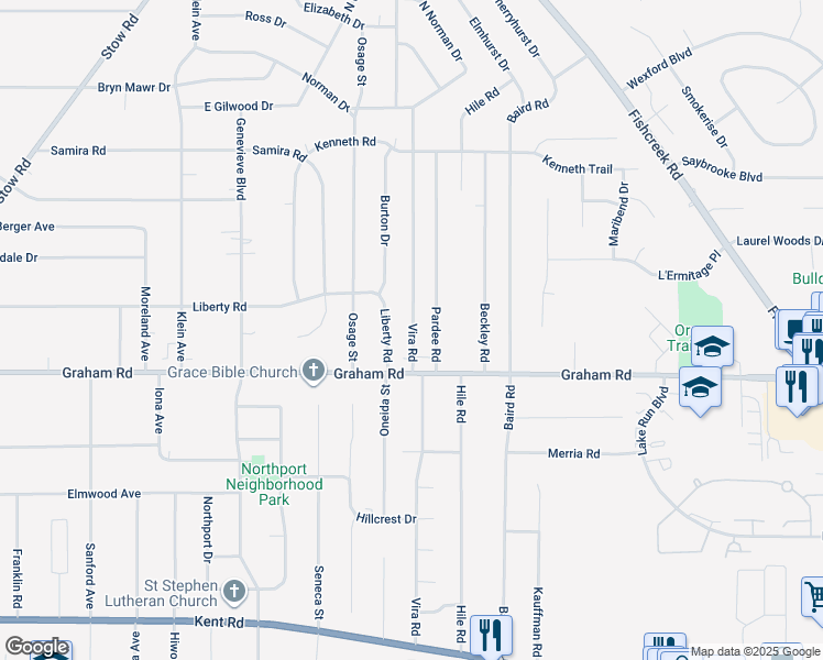 map of restaurants, bars, coffee shops, grocery stores, and more near 4020 Vira Road in Stow