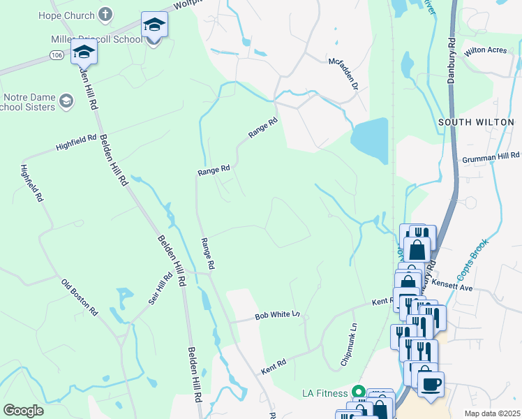map of restaurants, bars, coffee shops, grocery stores, and more near 40 Valeview Road in Wilton