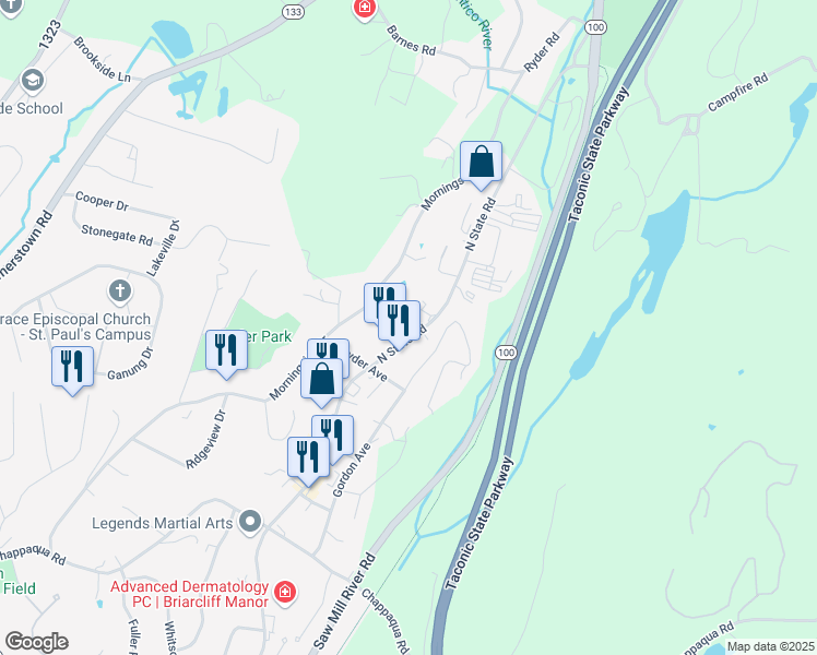 map of restaurants, bars, coffee shops, grocery stores, and more near 553 North State Road in Briarcliff Manor