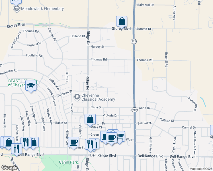 map of restaurants, bars, coffee shops, grocery stores, and more near 5245 Brianna Ct in Cheyenne