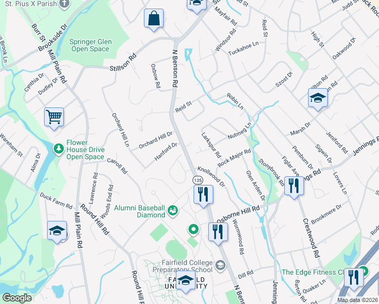 map of restaurants, bars, coffee shops, grocery stores, and more near 17 Nutmeg Lane in Fairfield