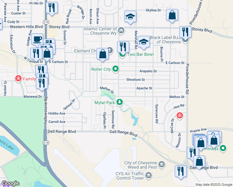 map of restaurants, bars, coffee shops, grocery stores, and more near 701 Melton Street in Cheyenne