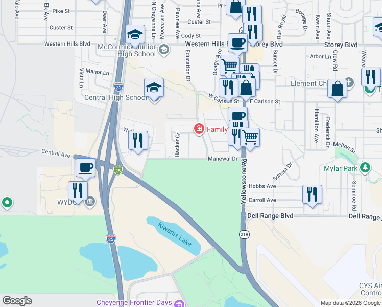 map of restaurants, bars, coffee shops, grocery stores, and more near 422 Manewal Drive in Cheyenne