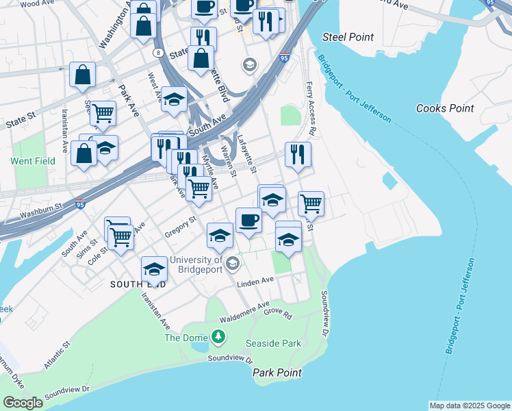 map of restaurants, bars, coffee shops, grocery stores, and more near 10 Atlantic Street in Bridgeport