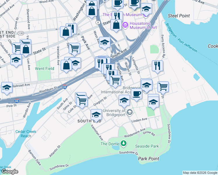 map of restaurants, bars, coffee shops, grocery stores, and more near 45 Park Terrace in Bridgeport