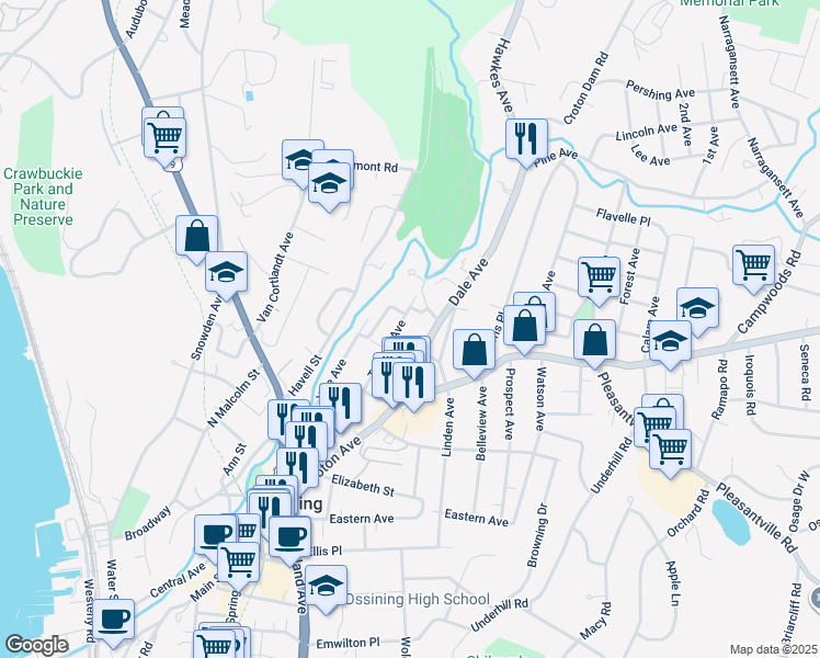 map of restaurants, bars, coffee shops, grocery stores, and more near 6 Glen Street in Ossining