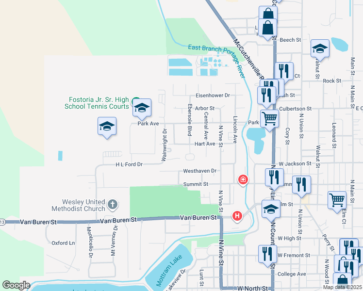 map of restaurants, bars, coffee shops, grocery stores, and more near 804 Oak Park Drive in Fostoria