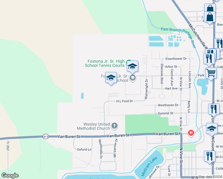 map of restaurants, bars, coffee shops, grocery stores, and more near 1202 H L Ford Drive in Fostoria