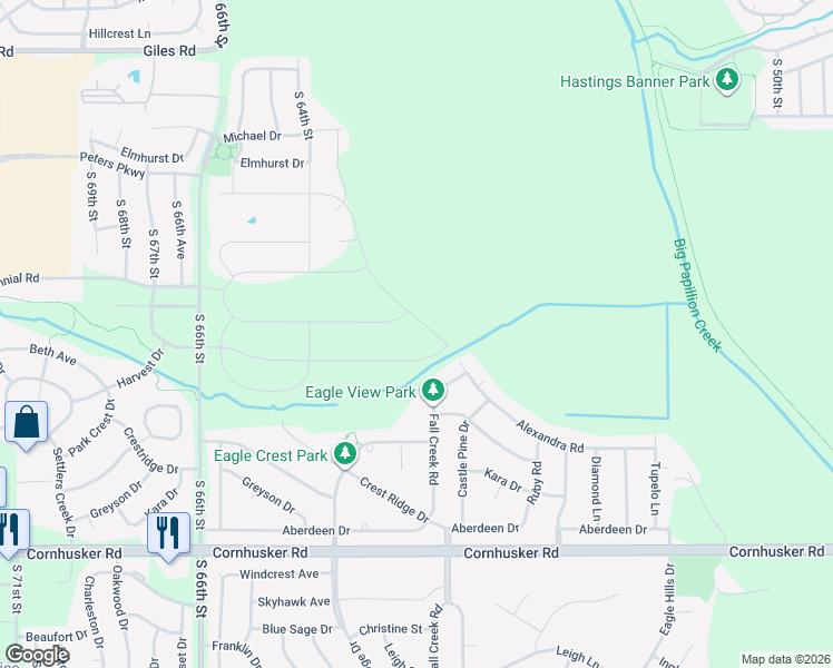 map of restaurants, bars, coffee shops, grocery stores, and more near 804 Fall Creek Road in Papillion