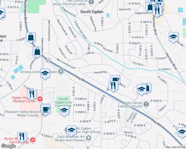 map of restaurants, bars, coffee shops, grocery stores, and more near 823 Holroyd Drive in Ogden