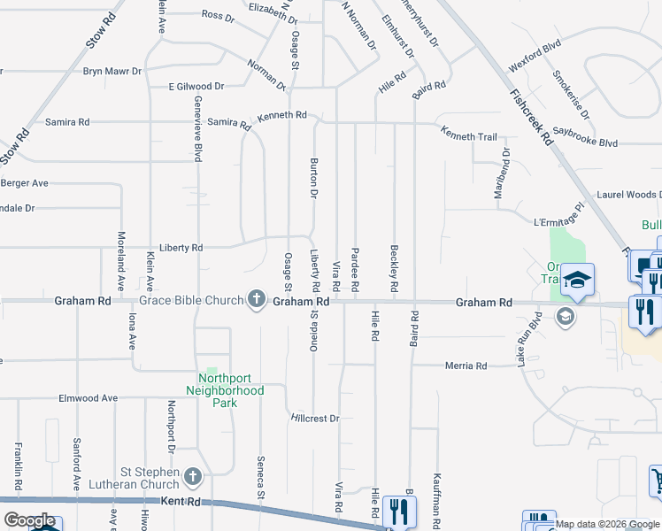 map of restaurants, bars, coffee shops, grocery stores, and more near 4016 Vira Road in Stow