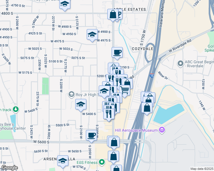 map of restaurants, bars, coffee shops, grocery stores, and more near 1975 West 5300 South in Roy