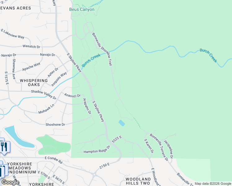 map of restaurants, bars, coffee shops, grocery stores, and more near 5227 South Ridgedale Drive in Ogden