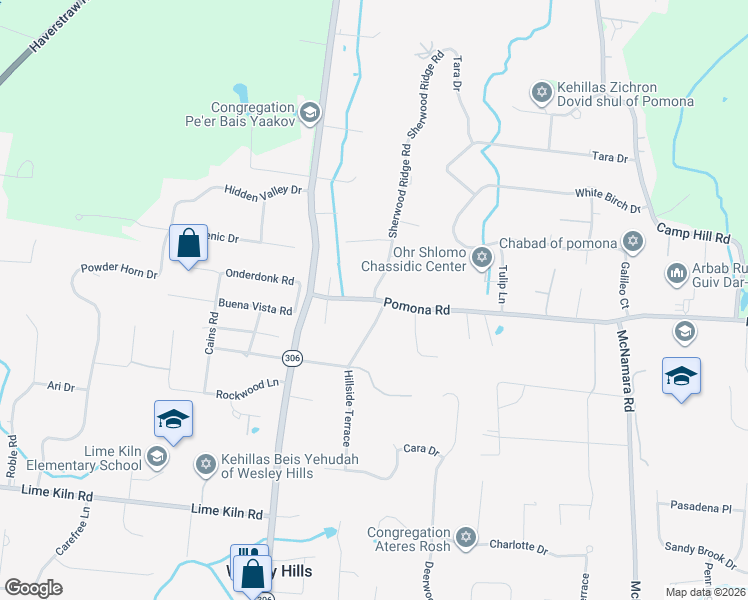 map of restaurants, bars, coffee shops, grocery stores, and more near 44 Old Pomona Road in Suffern