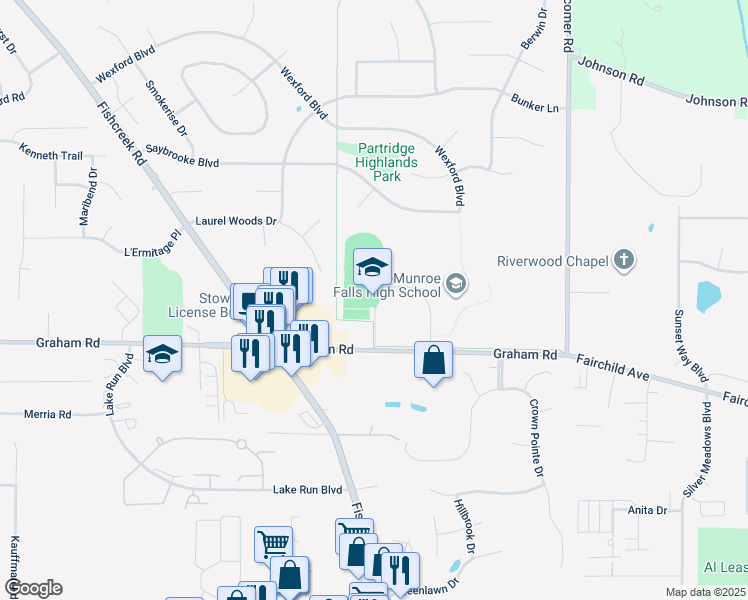 map of restaurants, bars, coffee shops, grocery stores, and more near 3227 Graham Road in Stow