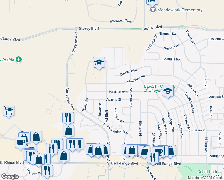 map of restaurants, bars, coffee shops, grocery stores, and more near 2316 Pattison Avenue in Cheyenne