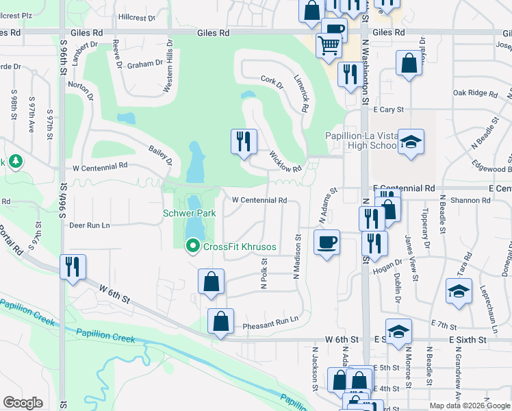 map of restaurants, bars, coffee shops, grocery stores, and more near 406 Deer Run Lane in Papillion