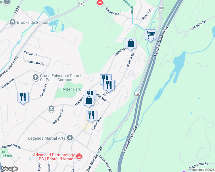 map of restaurants, bars, coffee shops, grocery stores, and more near 553 North State Road in Briarcliff Manor
