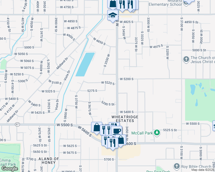 map of restaurants, bars, coffee shops, grocery stores, and more near 3593 5275 South in Roy