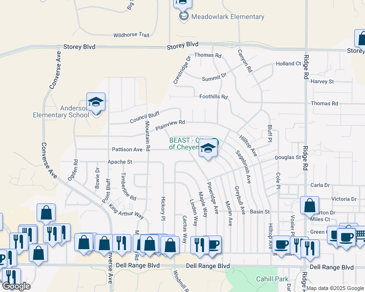map of restaurants, bars, coffee shops, grocery stores, and more near 2418 Pattison Avenue in Cheyenne