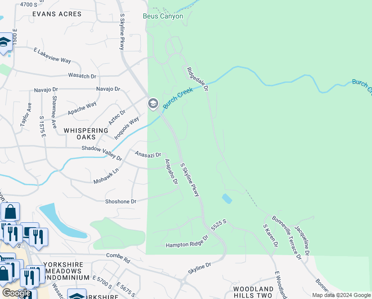 map of restaurants, bars, coffee shops, grocery stores, and more near 5210 Skyline Parkway in Ogden