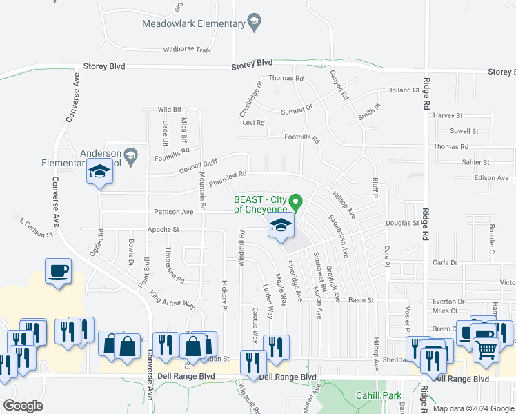map of restaurants, bars, coffee shops, grocery stores, and more near 5415 Pineridge Ave in Cheyenne