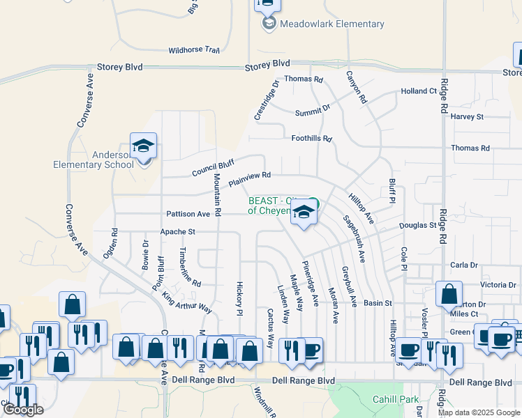 map of restaurants, bars, coffee shops, grocery stores, and more near 2519 Pattison Avenue in Cheyenne