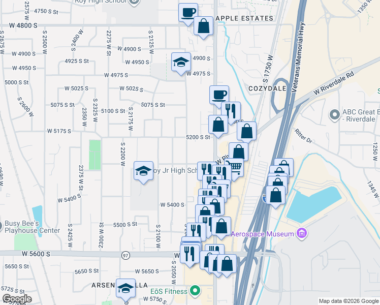 map of restaurants, bars, coffee shops, grocery stores, and more near 5256 South 2000 West in Roy