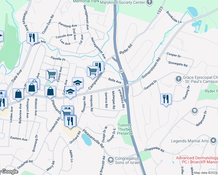 map of restaurants, bars, coffee shops, grocery stores, and more near 4 Mohegan Road in Ossining