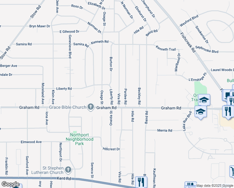map of restaurants, bars, coffee shops, grocery stores, and more near 2447 Liberty Road in Stow