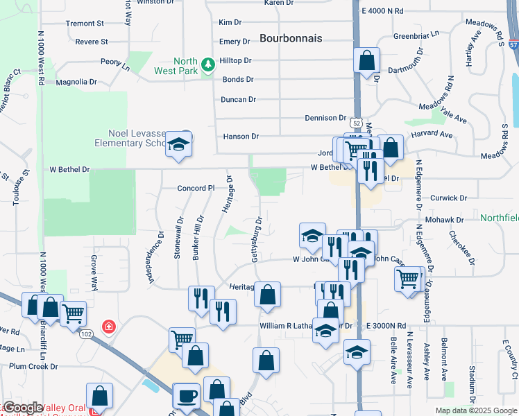 map of restaurants, bars, coffee shops, grocery stores, and more near 818 Gettysburg Court in Bourbonnais