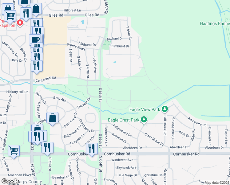 map of restaurants, bars, coffee shops, grocery stores, and more near 6602 Harvest Drive in Papillion