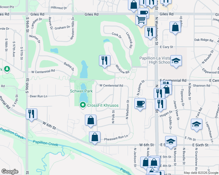 map of restaurants, bars, coffee shops, grocery stores, and more near 406 Deer Run Lane in Papillion