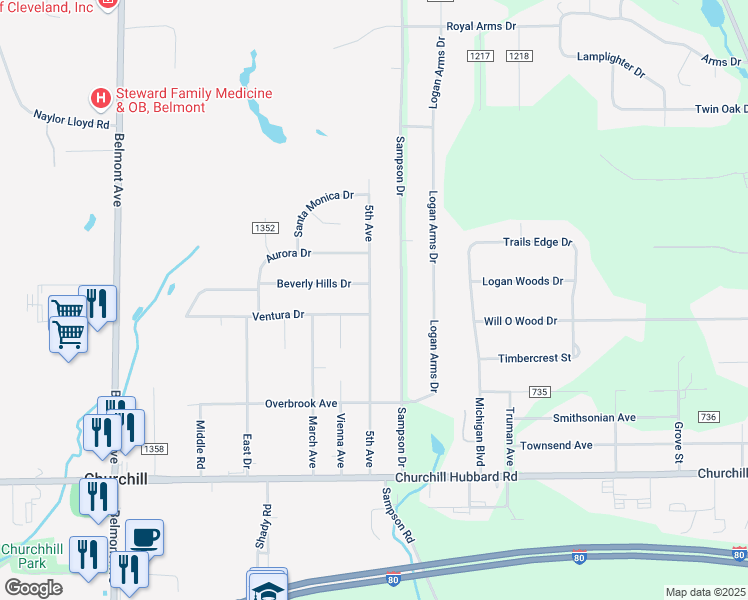 map of restaurants, bars, coffee shops, grocery stores, and more near 4799 5th Avenue in Youngstown