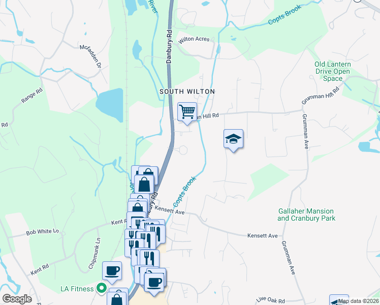 map of restaurants, bars, coffee shops, grocery stores, and more near 60 Danbury Road in Wilton