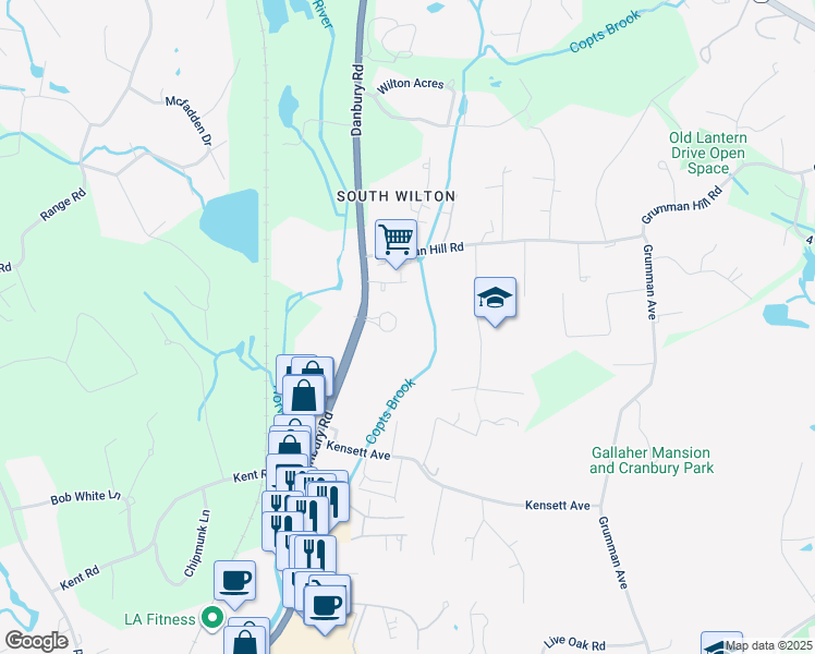 map of restaurants, bars, coffee shops, grocery stores, and more near 60 Danbury Road in Wilton