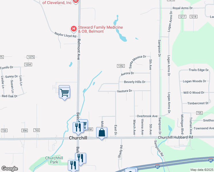map of restaurants, bars, coffee shops, grocery stores, and more near 317 Ventura Drive in Youngstown