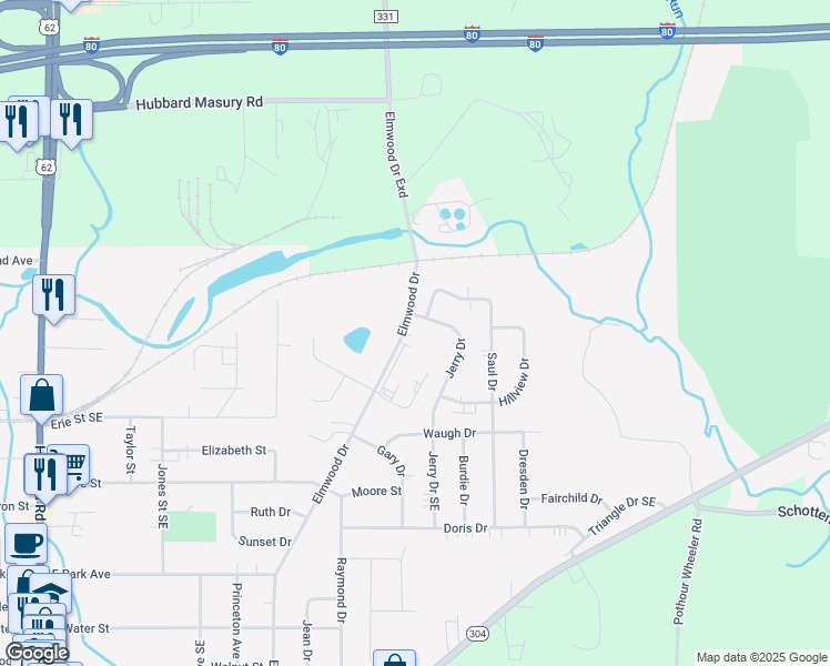 map of restaurants, bars, coffee shops, grocery stores, and more near 895 Elmwood Drive in Hubbard